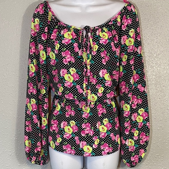 Betsey Johnson Tops - Betsy Johnson Polka Dot Floral Peplum Long Sleeve Blouse